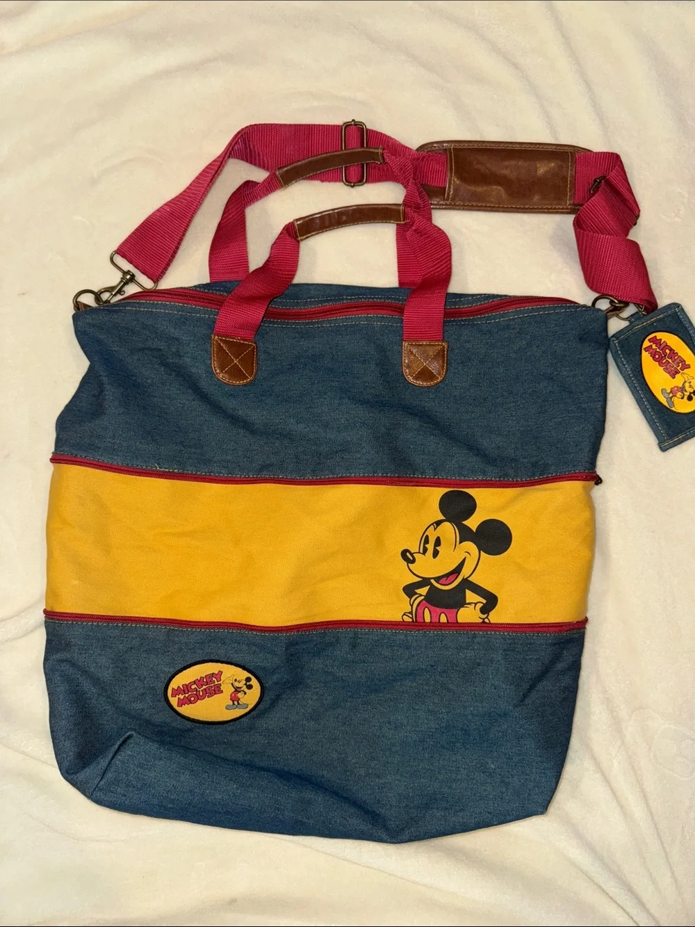 Disney Mickey Mouse Denim Messenger Bag With Peekaboo Zippered Hideaway Opening